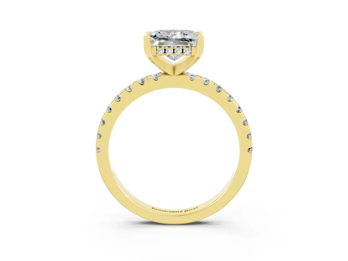 Princess Cut Moissanite Solitaire Ring with Round Pavé Band and Four-Prong Setting Yellow gold