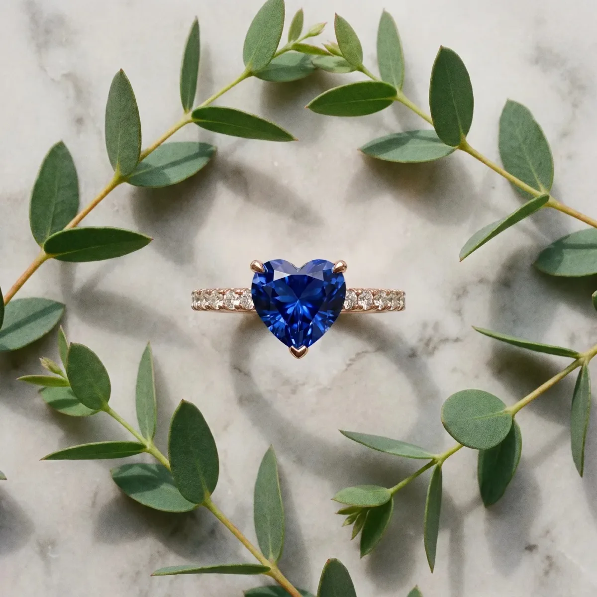 Heart Cut Blue Sapphire Solitaire Ring with Round Pavé Band and Four-Prong Setting Rose gold