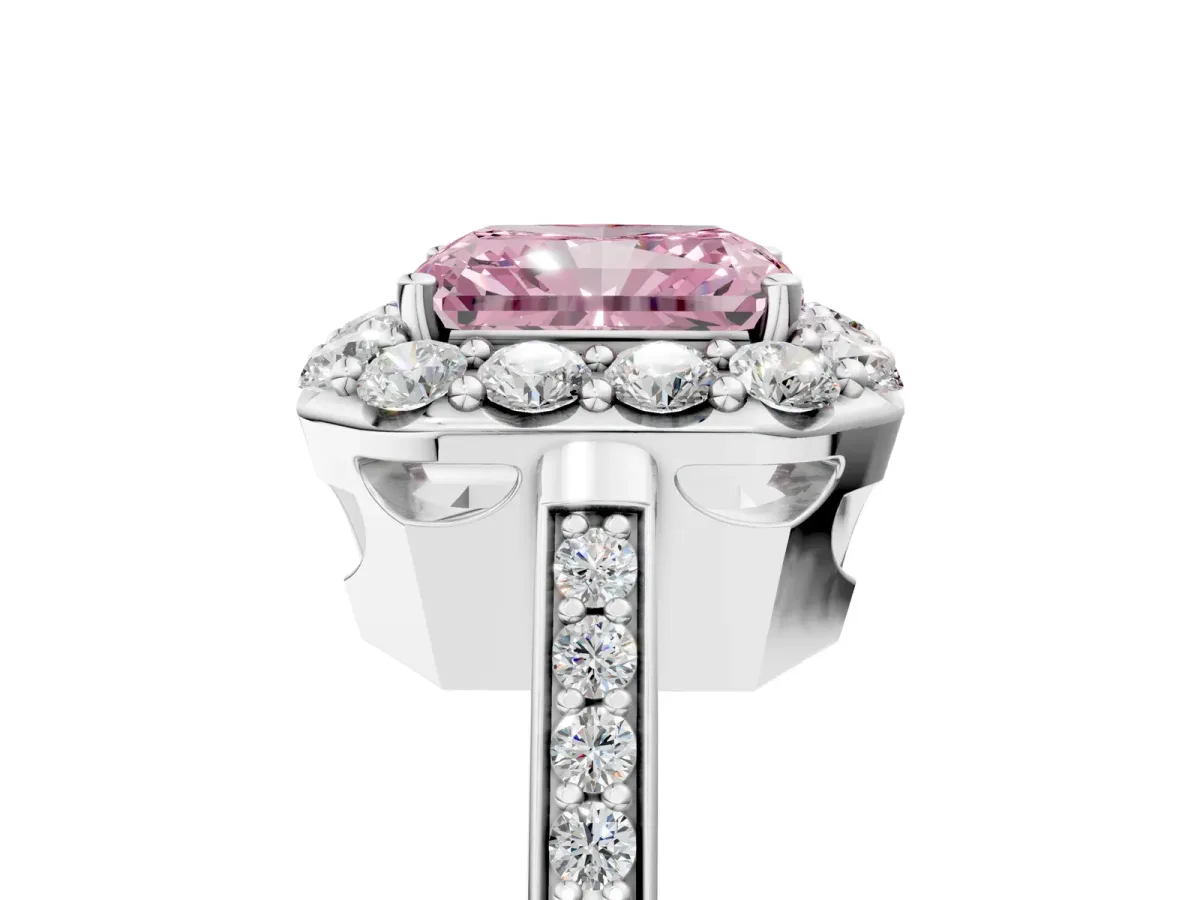 Fancy Pink Radiant Cut Diamond Floral Halo Ring with Pavé Band and Prong Setting Platinum