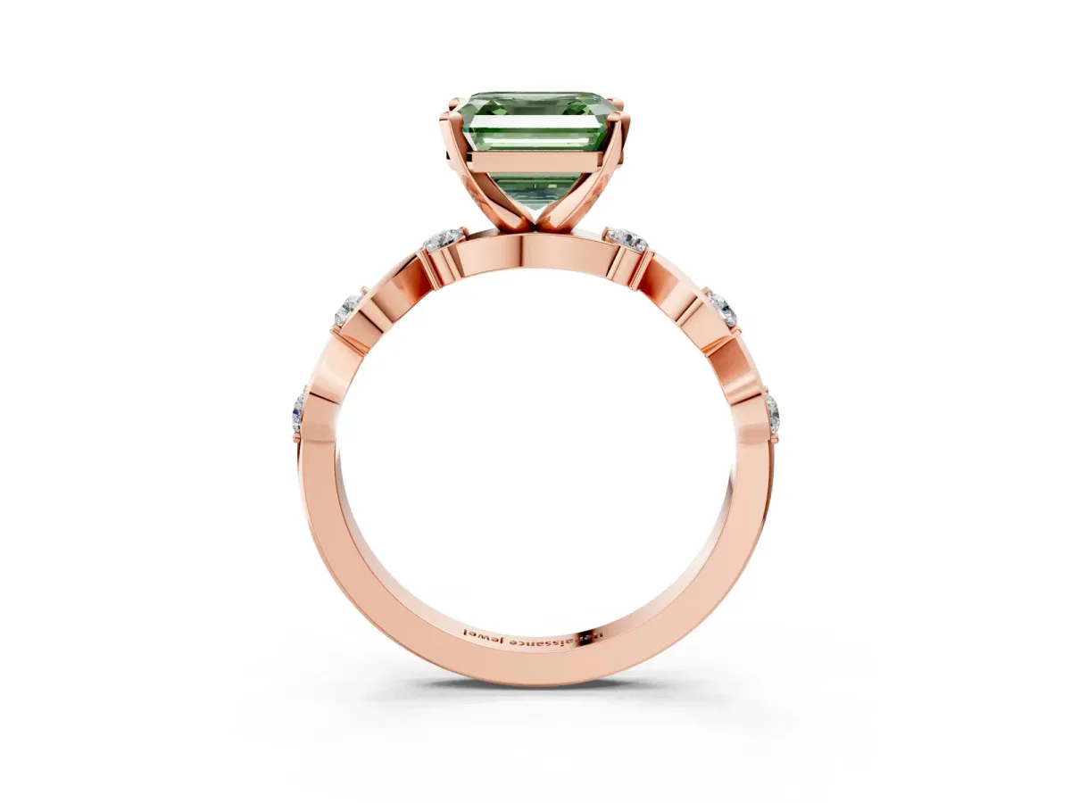 Fancy Green Asscher Cut Diamond Solitaire Twisted Band with Round Accents and Prong Setting Rose gold