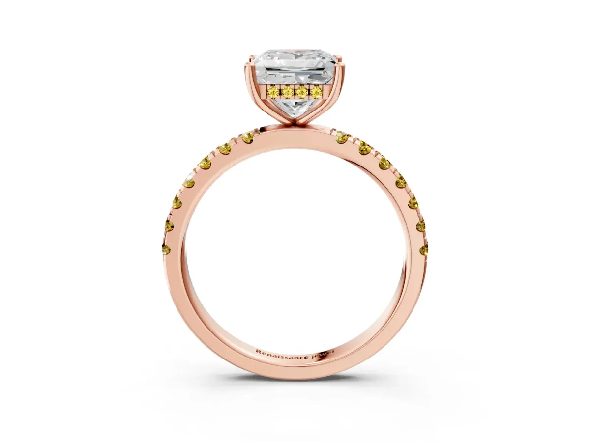 Princess Cut Diamond Pave Band Solitaire Ring with Round Yellow Sapphire and Prong Setting Rose gold
