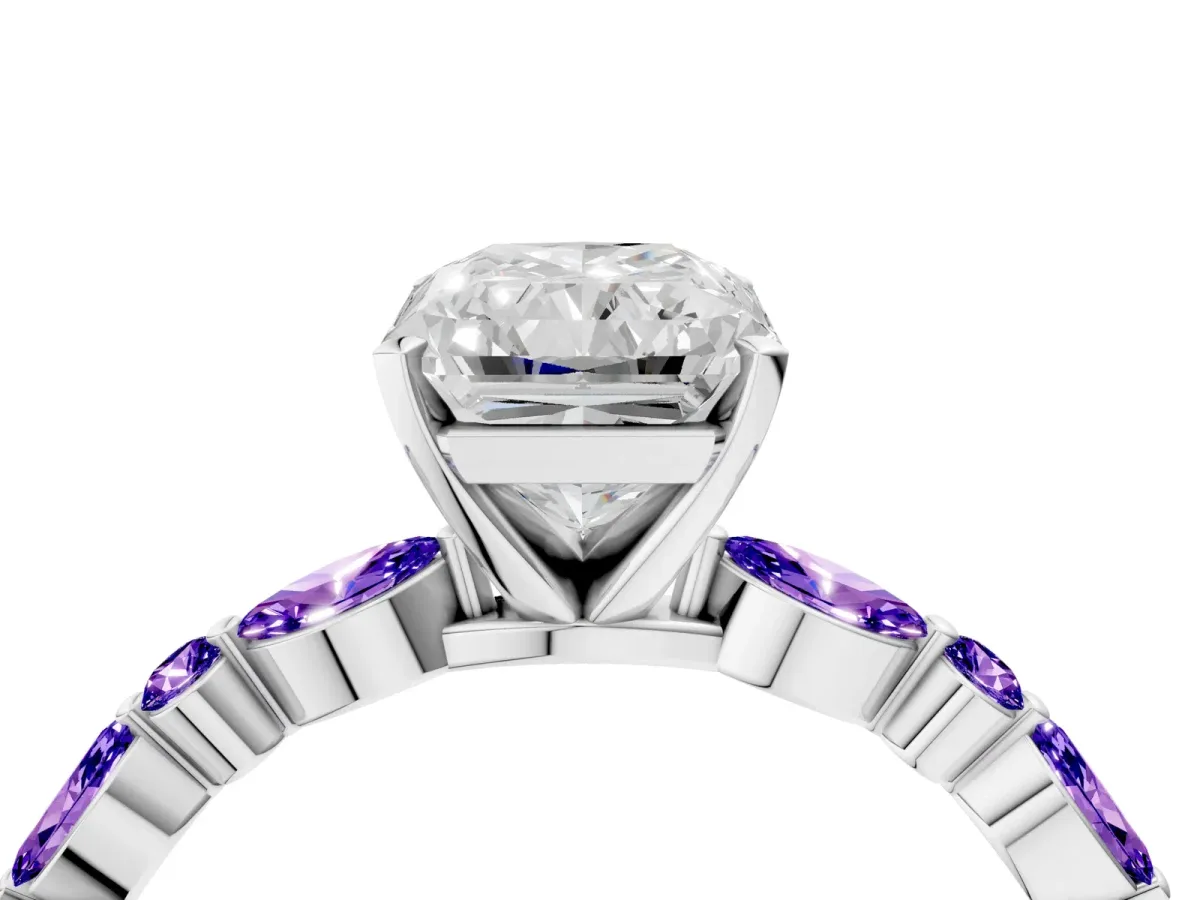 Radiant Cut Diamond Ring with Marquise and Round Tanzanite Side Stones and Four-Prong Setting White gold