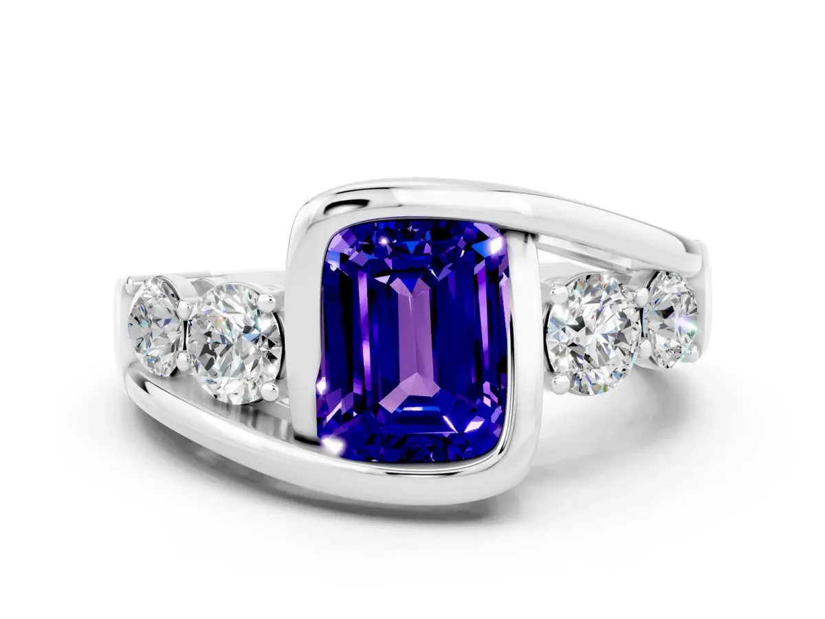 Bezel Set Emerald Cut Tanzanite Bypass Ring with Round Accents Silver