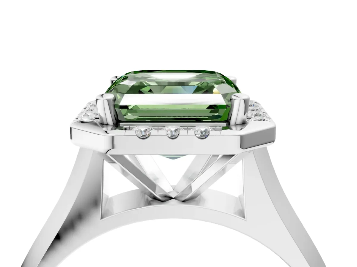 Fancy Green Asscher Cut Cut Halo Solitaire Engagement Ring with Square Band and Four-Prong Setting White gold