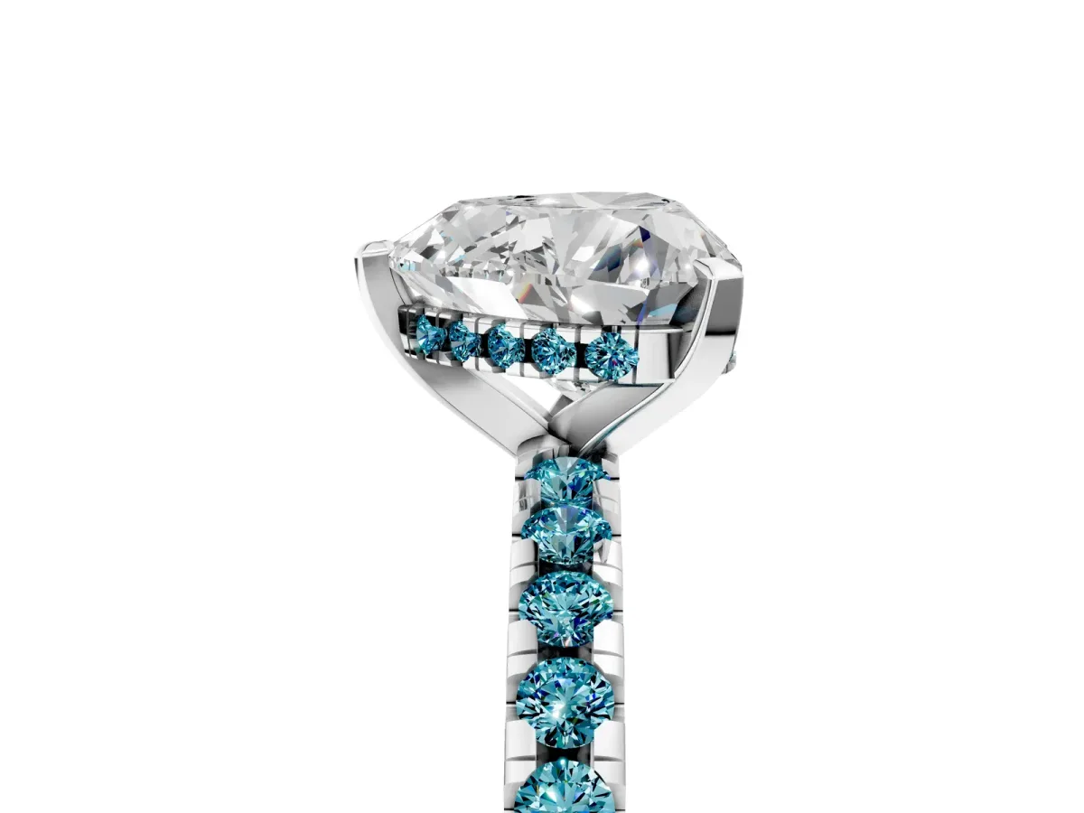 Heart Cut Diamond Solitaire Ring with Round Blue Topaz Pavé Band and Four-Prong Setting White gold