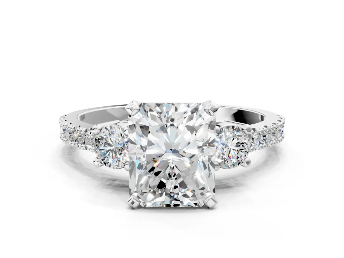 Radiant Cut Cut Three-Stone Diamond Pavé Band with Prong Setting Platinum