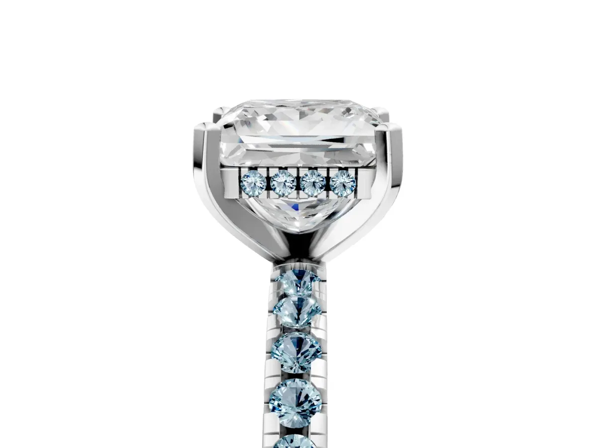 Princess Cut Diamond Solitaire Ring with Round Aquamarine Pavé Band and Four-Prong Setting Platinum