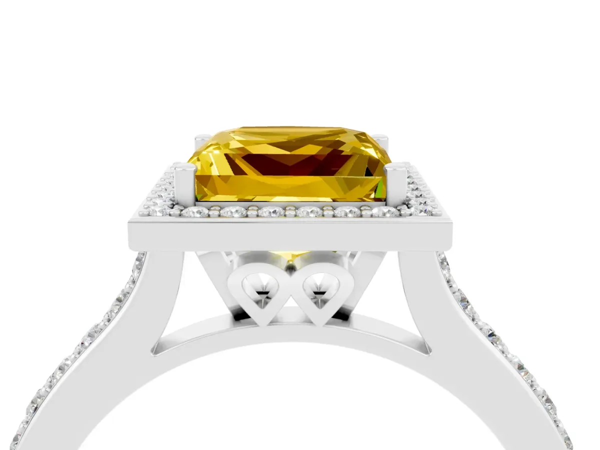 Princess Cut Yellow Sapphire Halo Engagement Ring with Round Pavé Shoulders and Prong Setting Silver