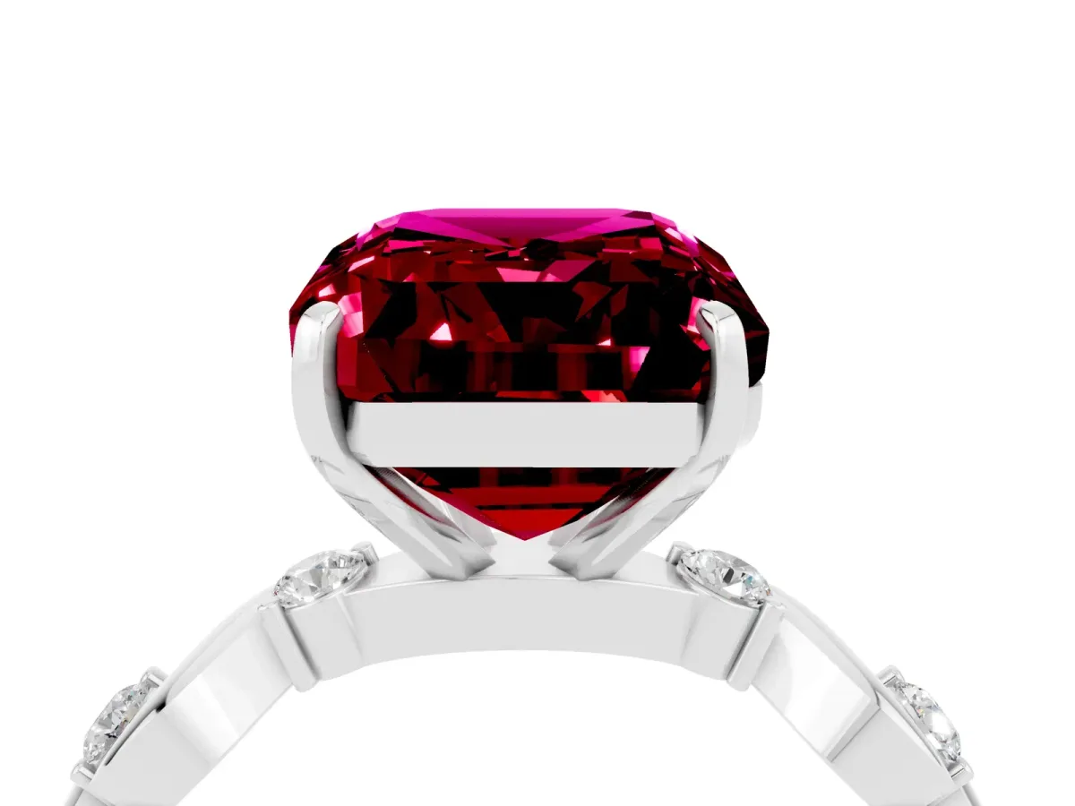 Emerald Cut Garnet Solitaire Twisted Band with Round Accents and Prong Setting Silver