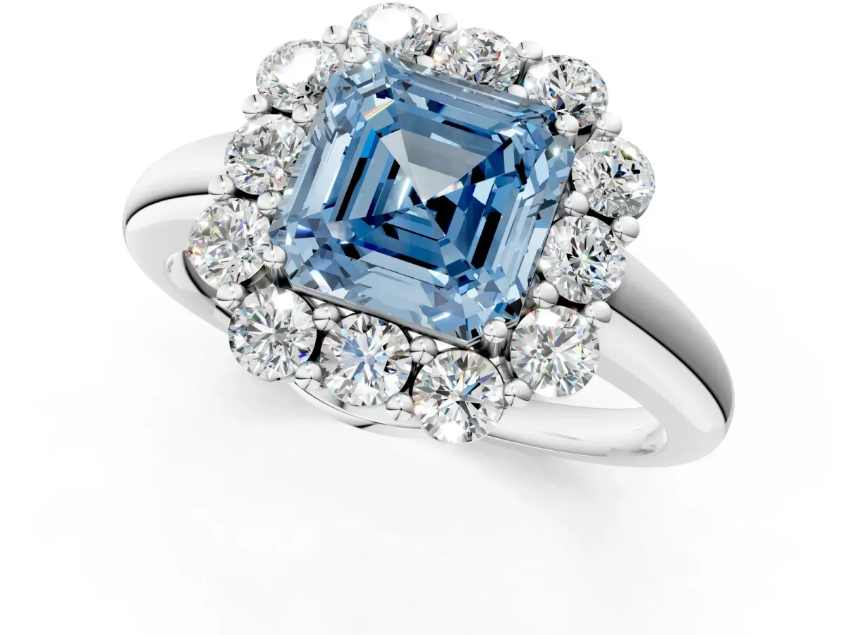 Fancy Blue Asscher Cut Halo Milgrain Solitaire with Bezel Set Side Stones and Pave Band Platinum