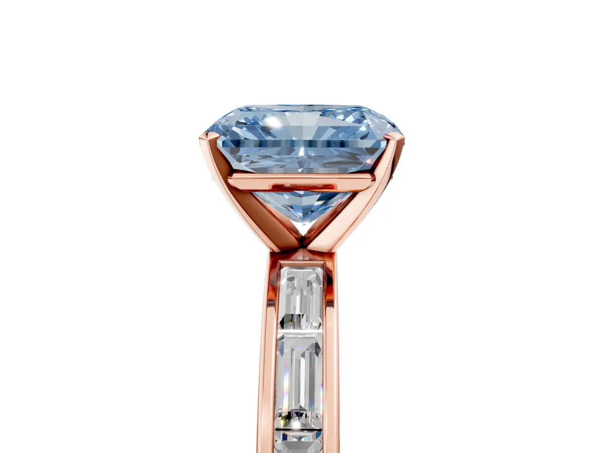 Fancy Blue Radiant Cut Solitaire Diamond Ring with Channel-Set Baguette Band and Four-Prong Setting Rose gold