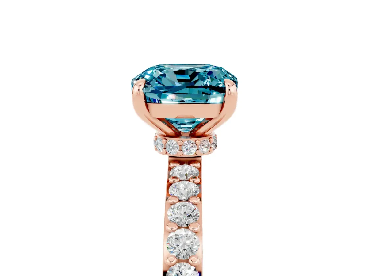 Cushion Cut Blue Topaz Solitaire Engagement Ring with Pavé Band and Four-Prong Setting Rose gold