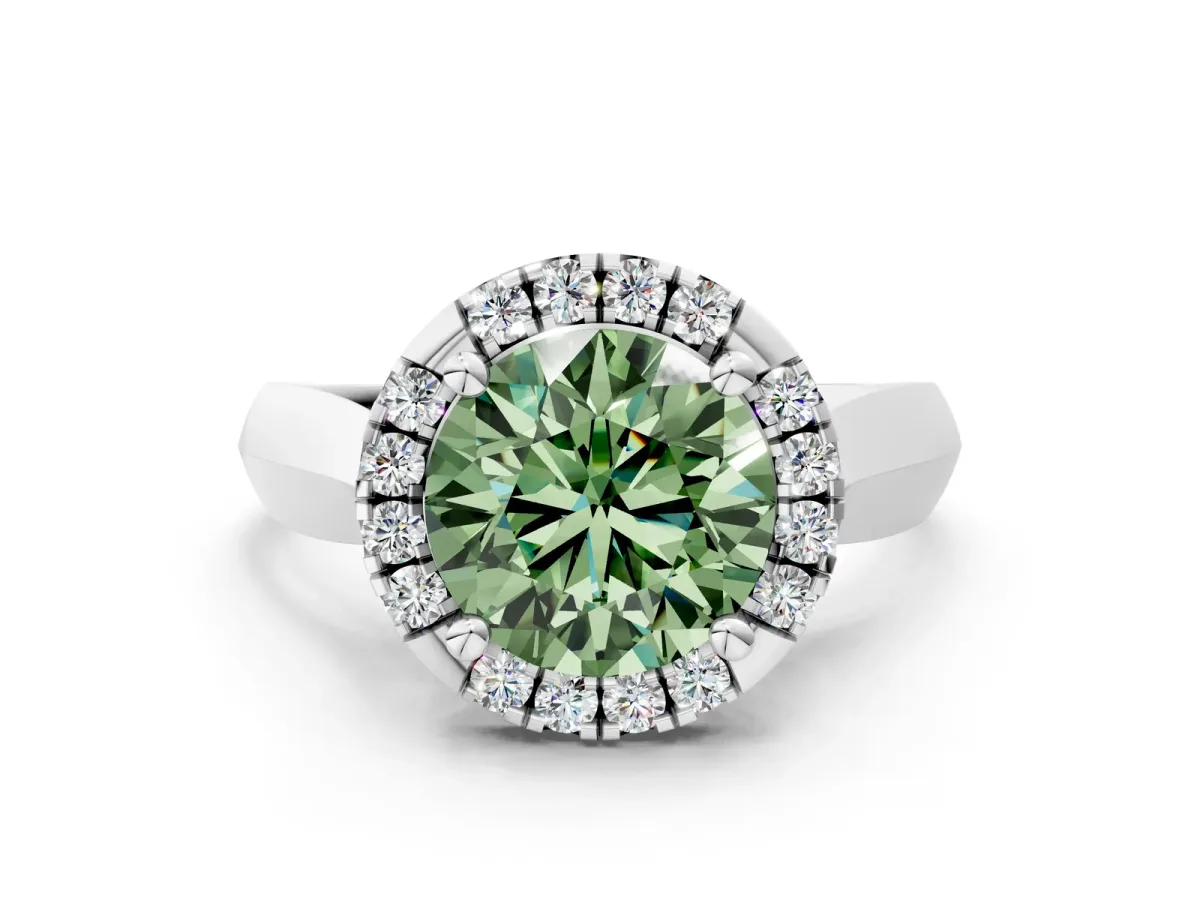 Fancy Green Round Cut Cut Halo Solitaire Engagement Ring with Square Band and Four-Prong Setting White gold