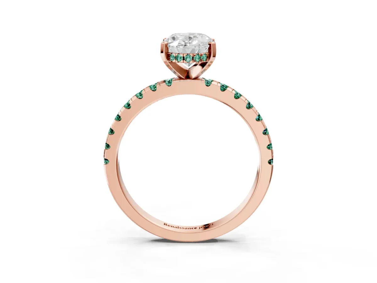 Oval Cut Diamond Solitaire Ring with Round Green Sapphire Pavé Band and Four-Prong Setting Rose gold