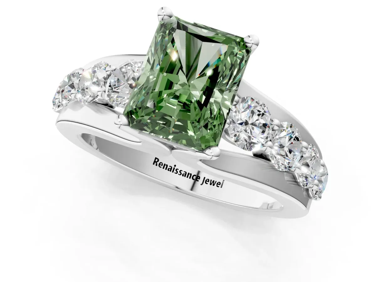 Fancy Green Radiant Cut Brilliant Solitaire with Side Stones on a Pave Band and Four-Prong Setting Platinum