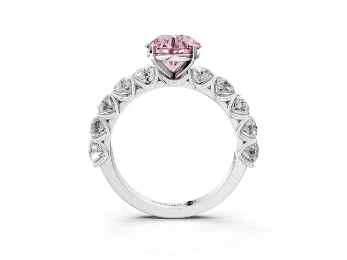 Fancy Pink Round Cut Diamond Prong Setting with Side Stones on a Pave Band Silver