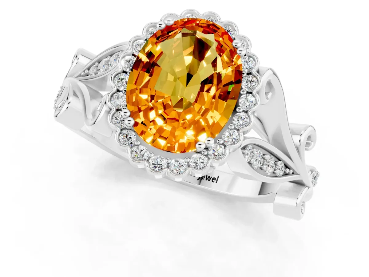 Oval Cut Citrine Halo Ring with Vintage Split Shank and Four-Prong Setting Silver