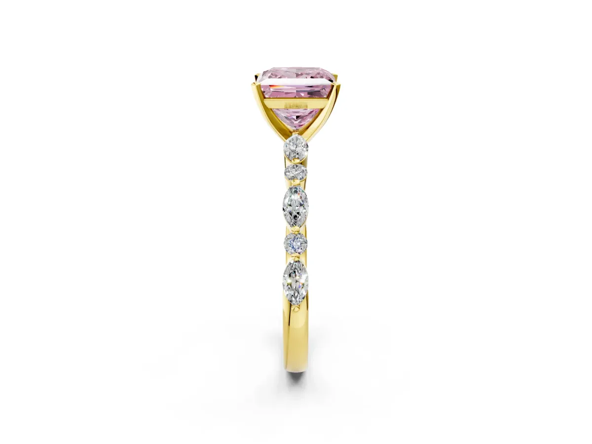 Fancy Pink Princess Cut Diamond Ring with Marquise and Round Side Stones and Four-Prong Setting Yellow gold