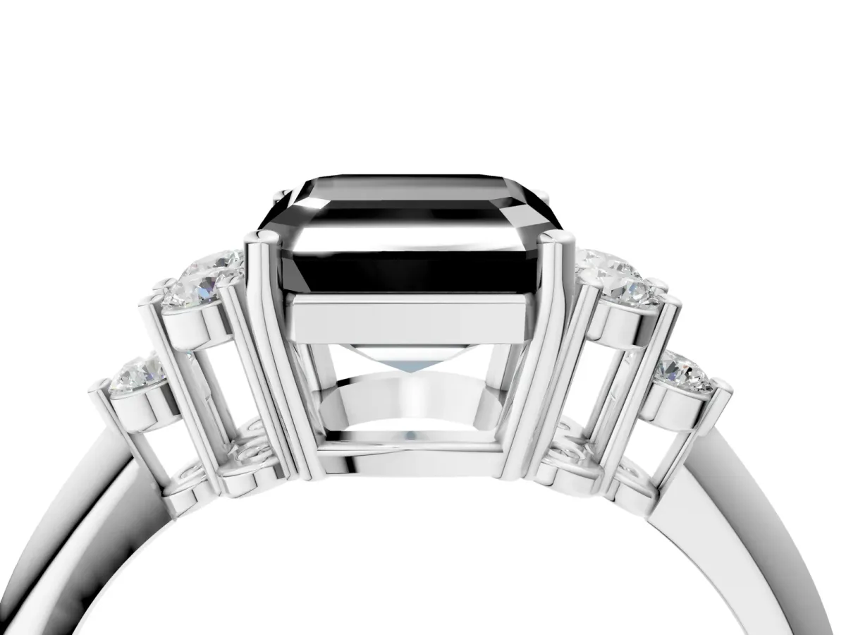 Fancy Black Asscher Cut Cut Diamond Cluster Ring with Solitaire Band and Four-Prong Setting Platinum