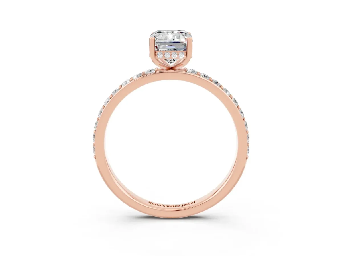 Emerald Cut Moissanite Solitaire Ring with Pavé Band and Hidden Halo Rose gold