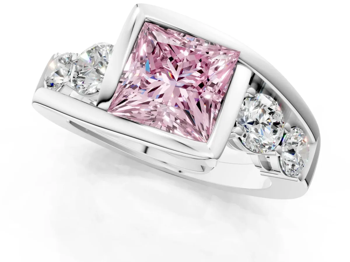 Fancy Pink Bezel Set Princess Cut Diamond Bypass Ring with Round Accents Silver