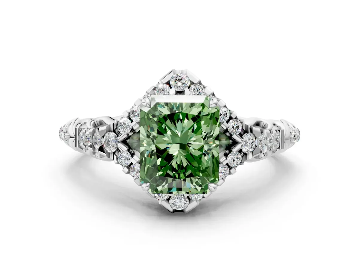 Fancy Green Radiant Cut Diamond Solitaire Ring with Hidden Halo and Pavé Band White gold