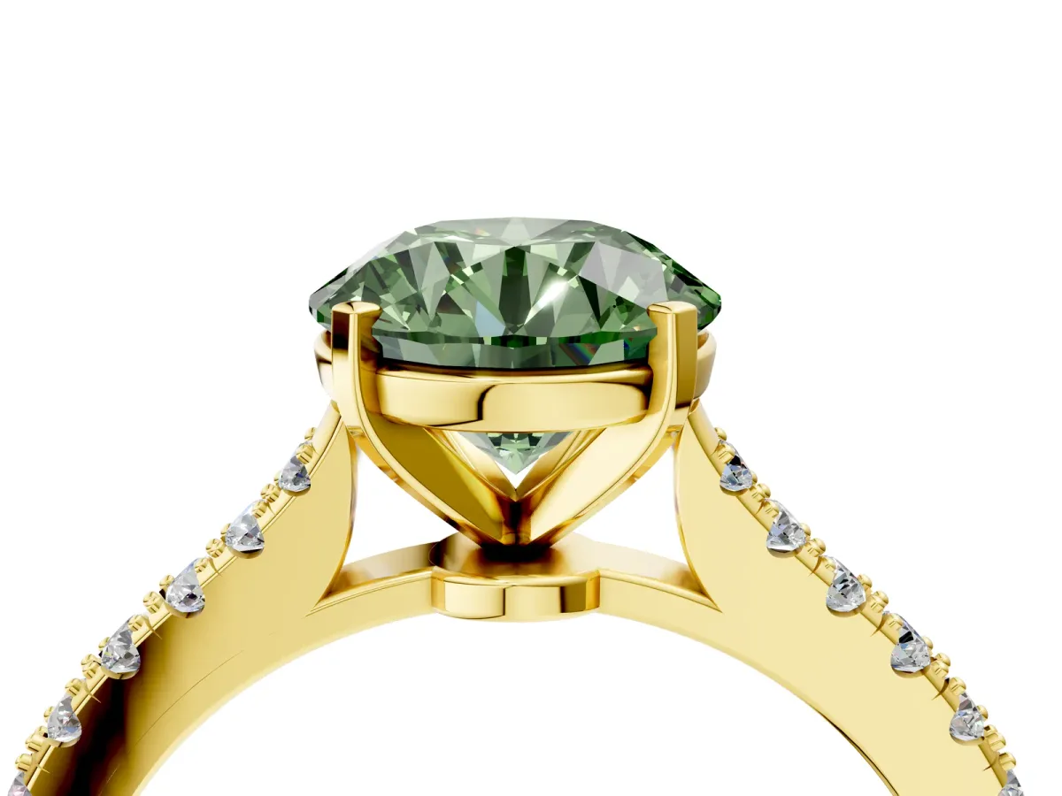 Fancy Green Round Cut Cut Solitaire Diamond Engagement Ring with Pave Band and Four-Prong Setting Yellow gold
