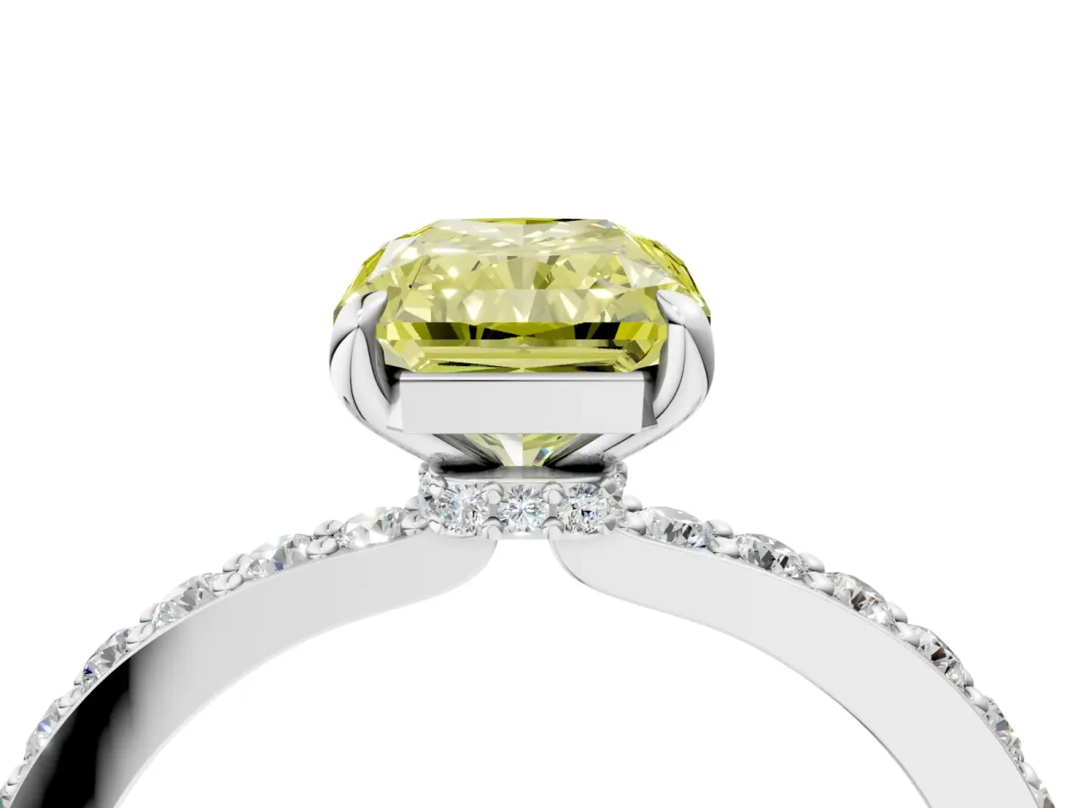 Fancy Yellow Radiant Cut Diamond Solitaire Engagement Ring with Pavé Band and Four-Prong Setting White gold