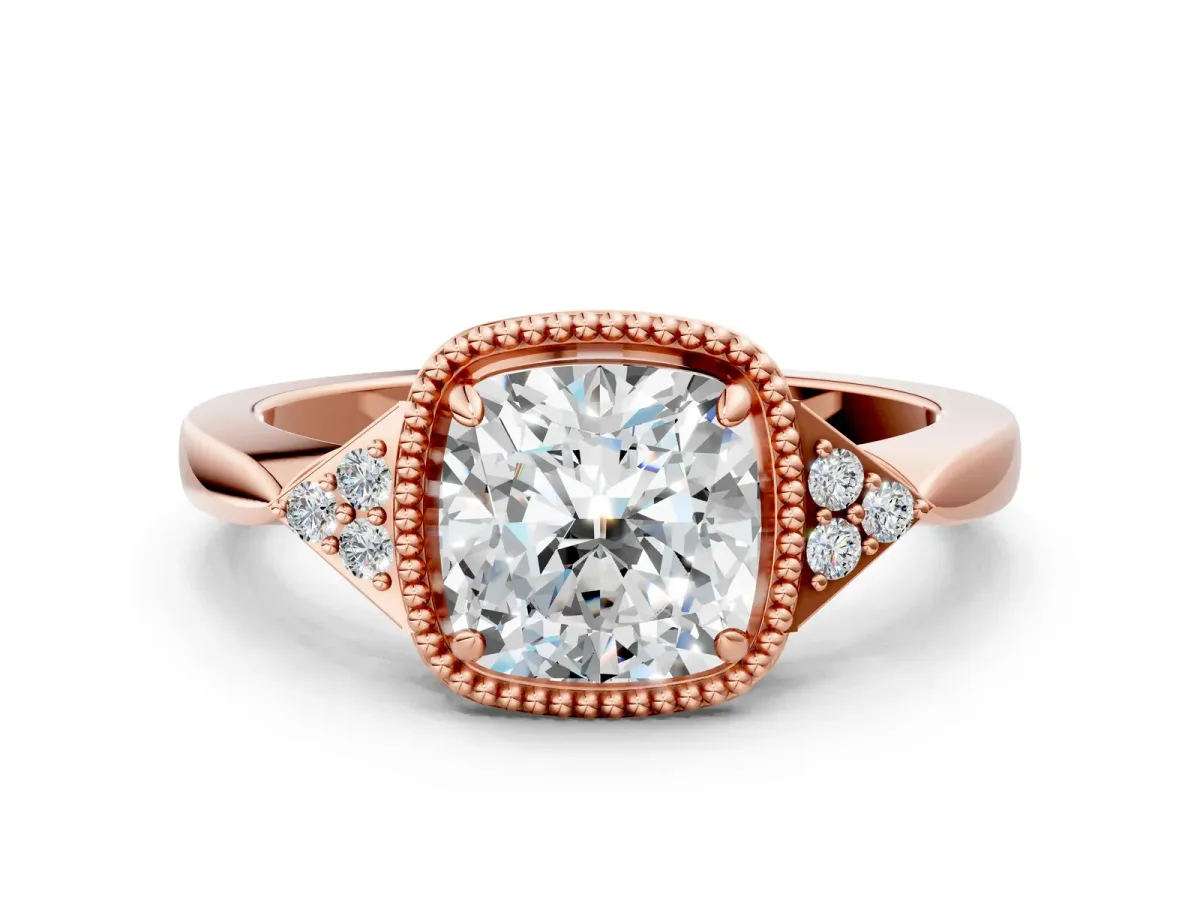 Cushion Cut Diamond Halo Ring with Tapered Band and Four-Prong Setting Rose gold