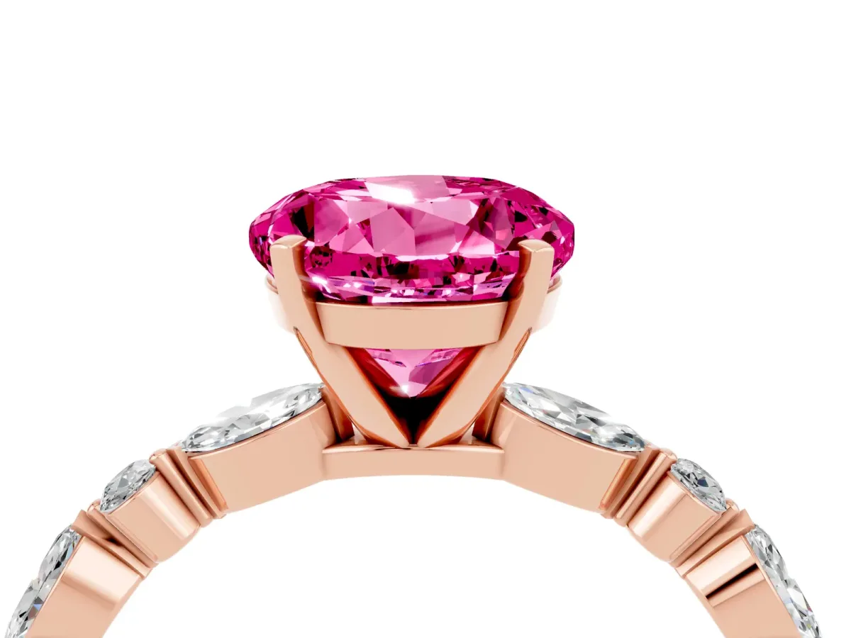 Round Cut Pink Sapphire Ring with Marquise and Round Side Stones and Four-Prong Setting Rose gold