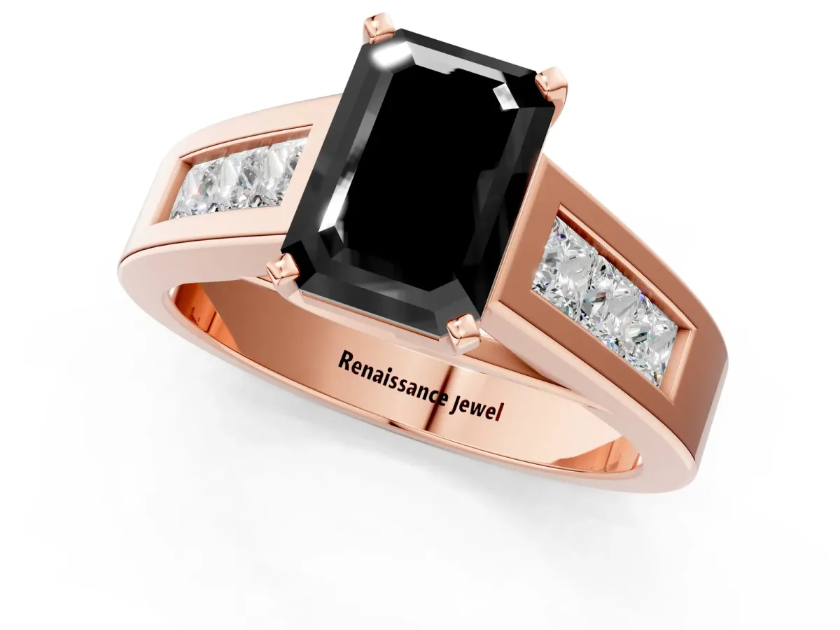 Fancy Black Emerald Cut Cut Channel Set Solitaire Ring with Four-Prong Setting Rose gold