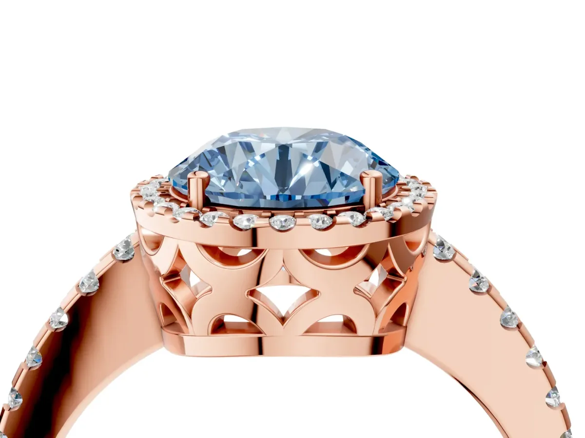 Fancy Blue Round Cut Diamond Halo Engagement Ring with Pavé Band and Prong Setting Rose gold