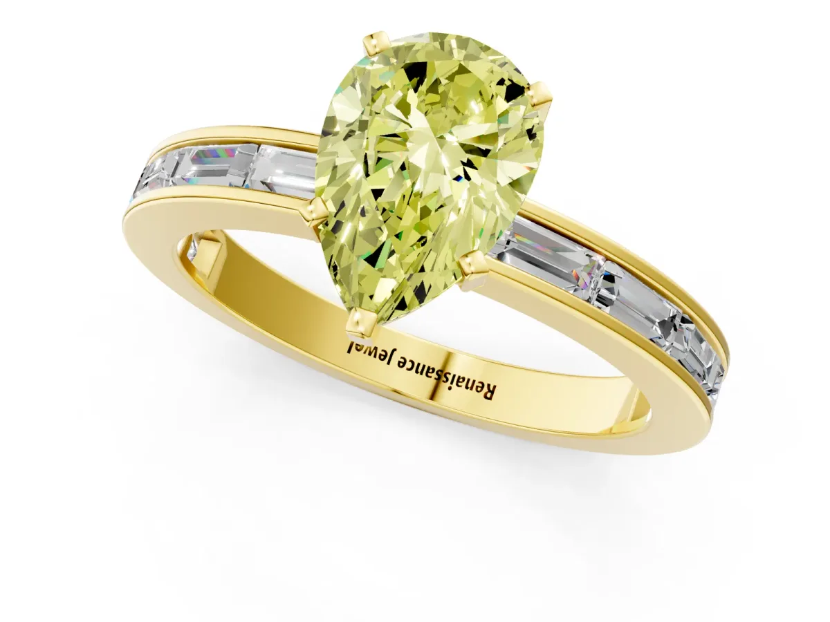 Fancy Yellow Pear Cut Solitaire Diamond Ring with Channel-Set Baguette Band and Four-Prong Setting Yellow gold