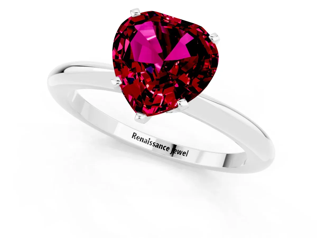 Heart Cut Garnet Solitaire Ring with Six-Prong Setting and Classic Band Silver