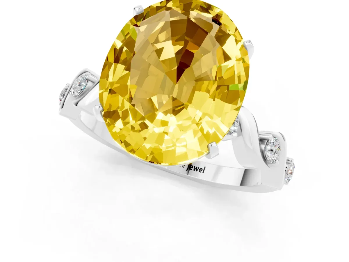Oval Cut Yellow Sapphire Solitaire Twisted Band with Round Accents and Prong Setting White gold