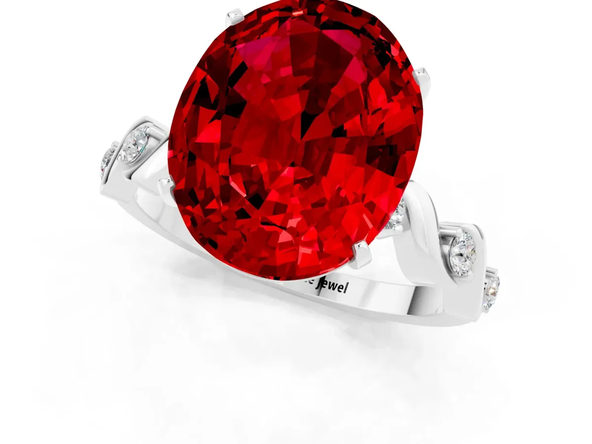 Oval Cut Ruby Solitaire Twisted Band with Round Accents and Prong Setting Platinum