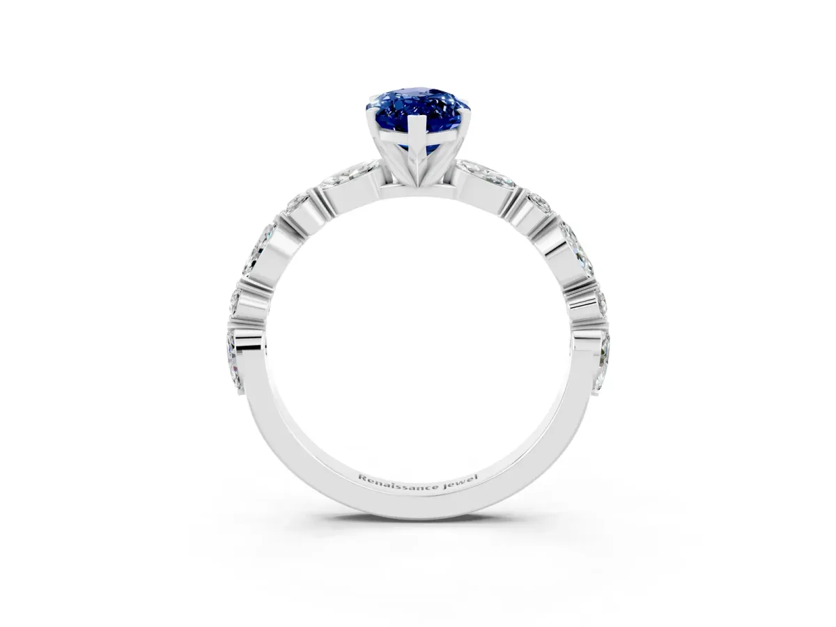 Marquise Cut Blue Sapphire Ring with Marquise and Round Side Stones and Four-Prong Setting White gold