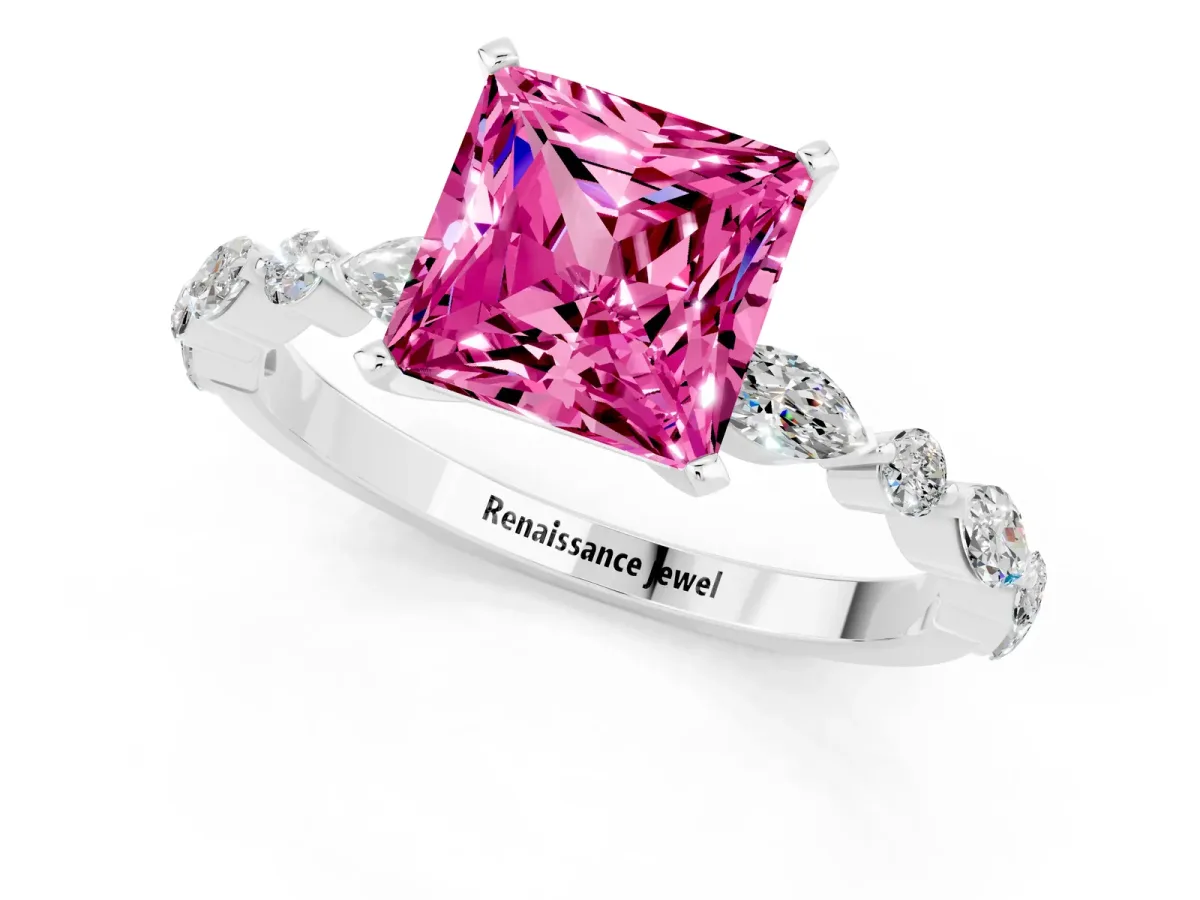 Princess Cut Pink Sapphire Ring with Marquise and Round Side Stones and Four-Prong Setting White gold