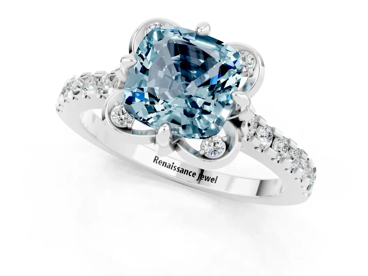 Cushion Cut Aquamarine Ring with Pavé Band and Floral Prong Setting White gold