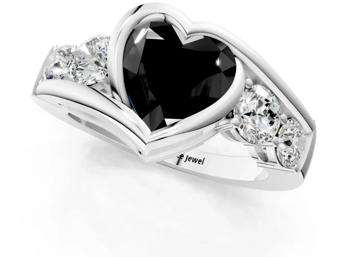 Fancy Black Bezel Set Heart Cut Diamond Bypass Ring with Round Accents Silver