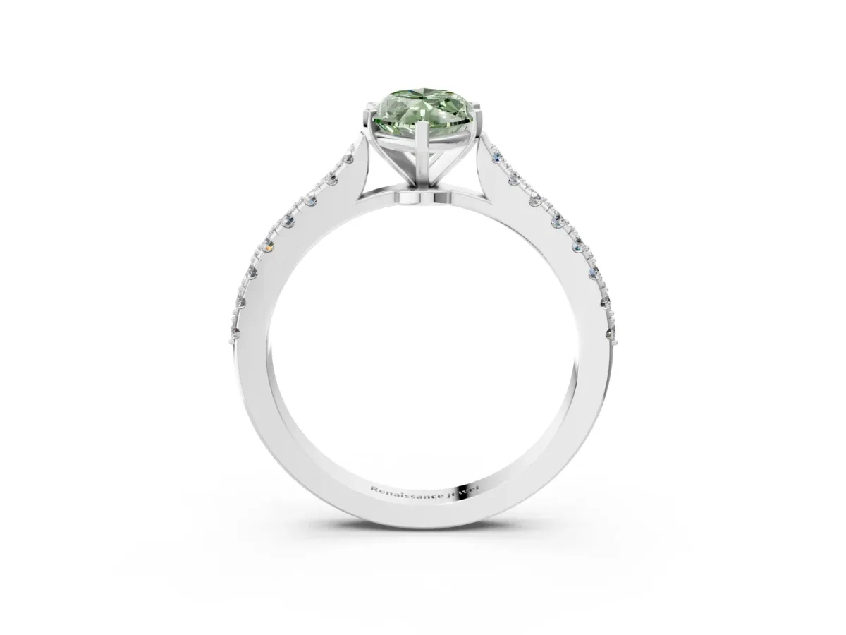 Fancy Green Marquise Cut Cut Solitaire Diamond Engagement Ring with Pave Band and Four-Prong Setting White gold