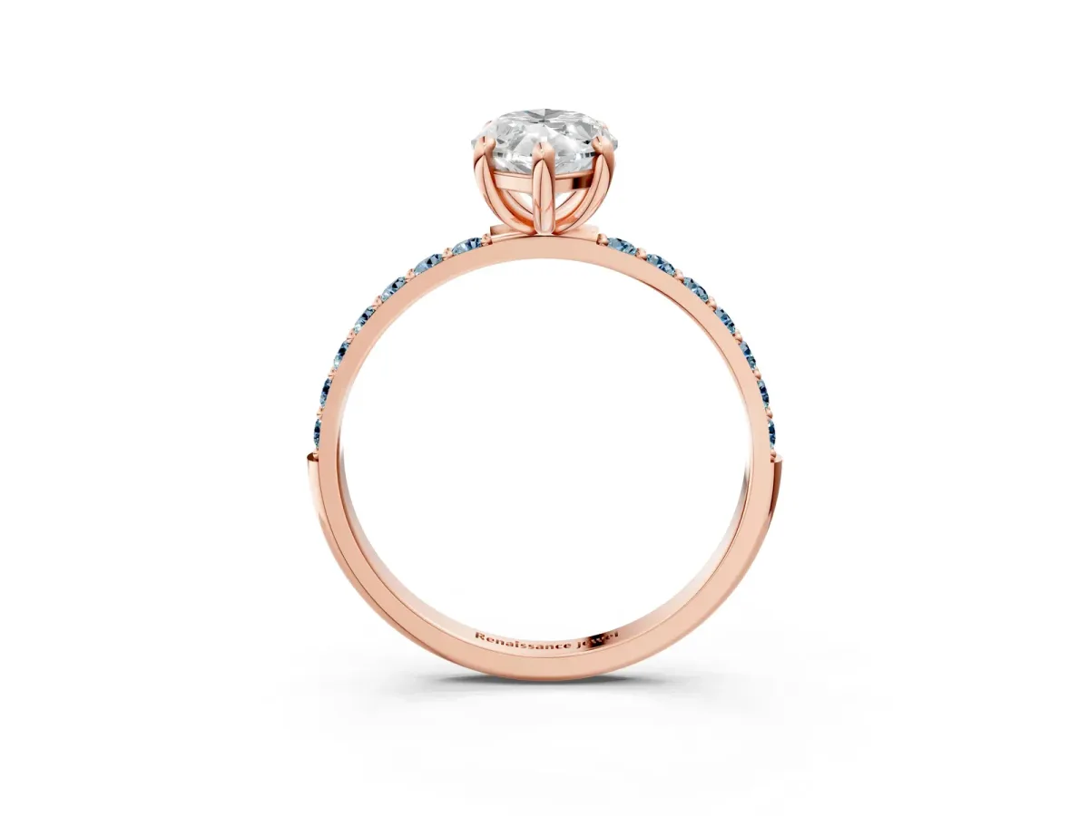Marquise Cut Diamond Solitaire Ring with Round Aquamarine Pavé Band and Prong Setting Rose gold
