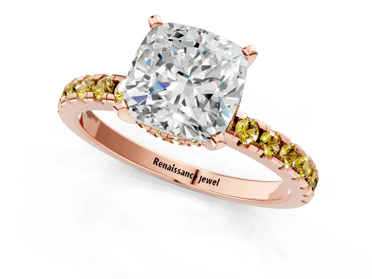Cushion Cut Diamond Solitaire Ring with Round Yellow Sapphire Pavé Band and Four-Prong Setting Rose gold