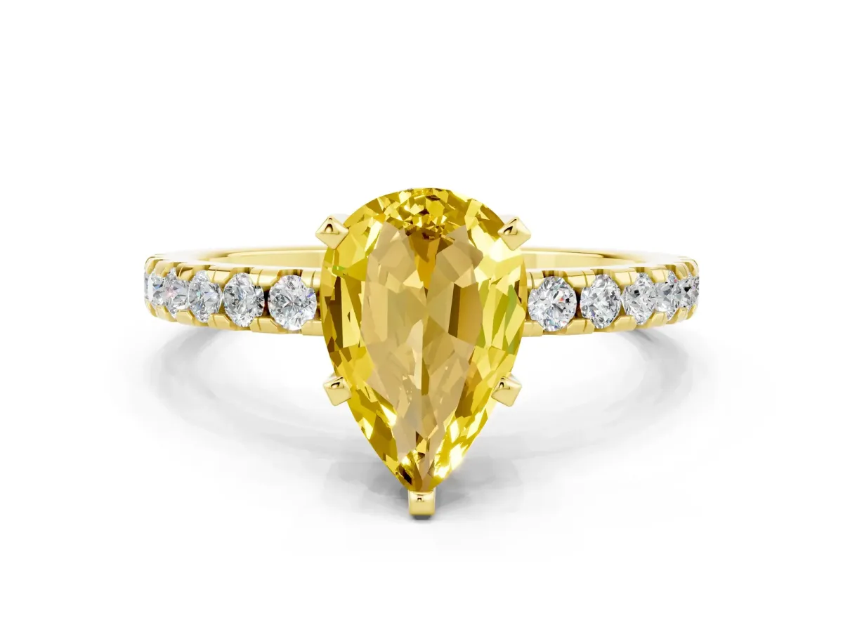 Pear Cut Yellow Sapphire Solitaire Ring with Round Pavé Band and Four-Prong Setting Yellow gold