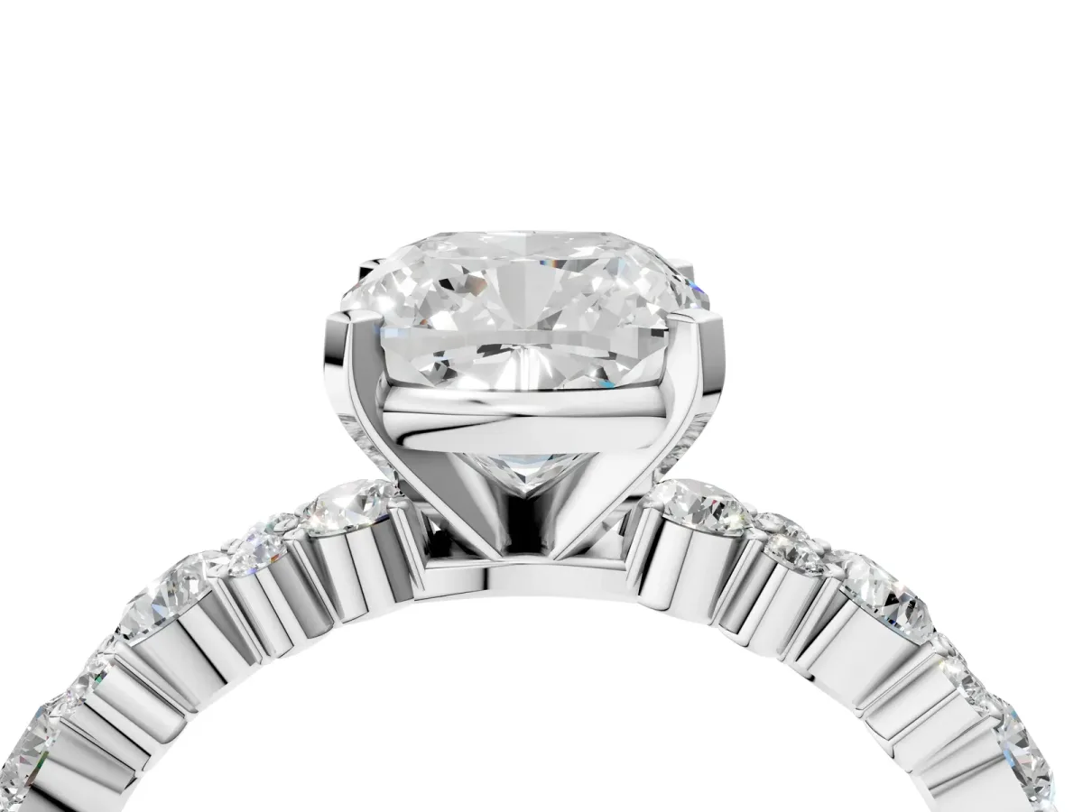 Cushion Cut Diamond Side Stone Solitaire Ring with Round and Four-Prong Setting Platinum