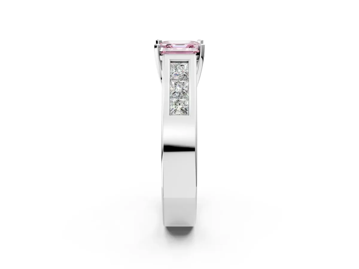 Fancy Pink Asscher Cut Cut Channel Set Solitaire Ring with Four-Prong Setting White gold