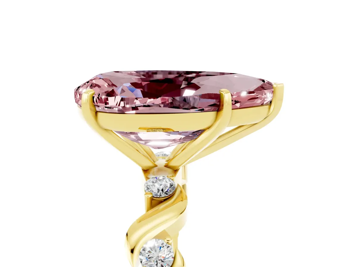 Pear Cut Morganite Solitaire Twisted Band with Round Accents and Prong Setting Yellow gold