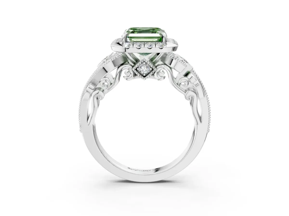 Fancy Green Asscher Cut Diamond Halo Ring with Milgrain Pavé Band and Four-Prong Setting White gold