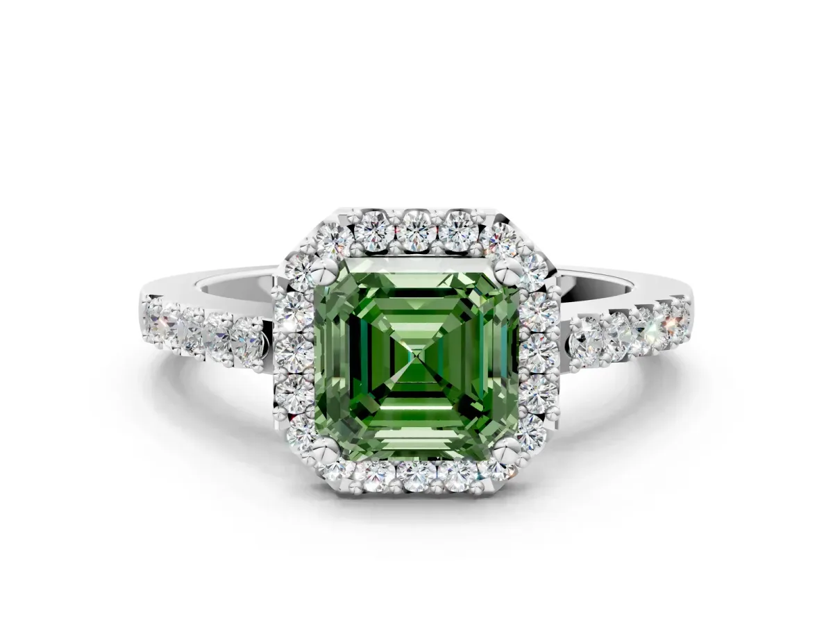 Fancy Green Asscher Cut Halo Diamond Pavé Solitaire Ring Silver