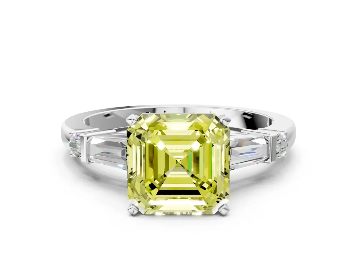 Fancy Yellow Asscher Cut Cut Diamond Ring with Baguette Side Stones, Channel Set Band, and Four-Prong Setting Platinum